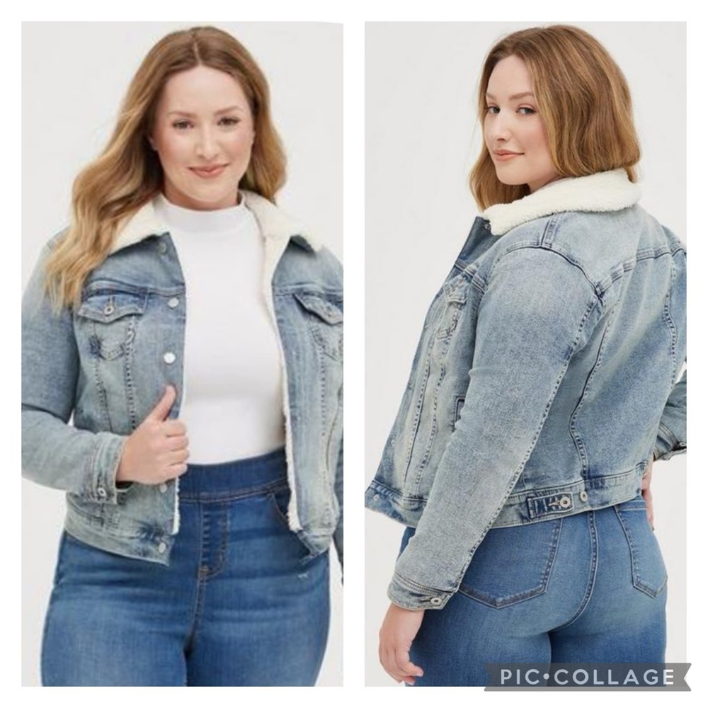 Torrid Mineral Wash Denim Jacket with Sherpa Collar - Plaid Lined, item 15736607